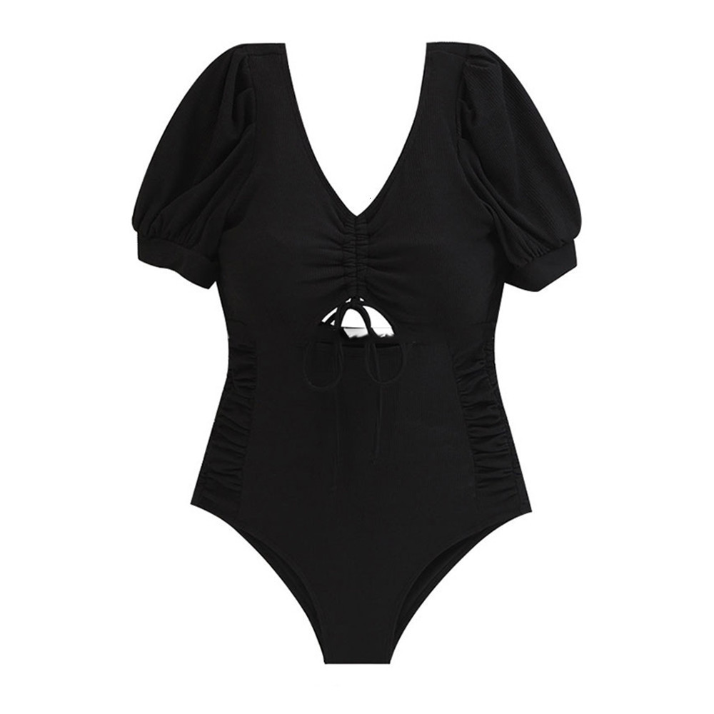 Women's Swimwear Short Sleeve Swimsuit Women Solid Swimwear Cut Out Monokini Push Up Swim Suit Korea Style Bathing Suit Pad Open Back 230417