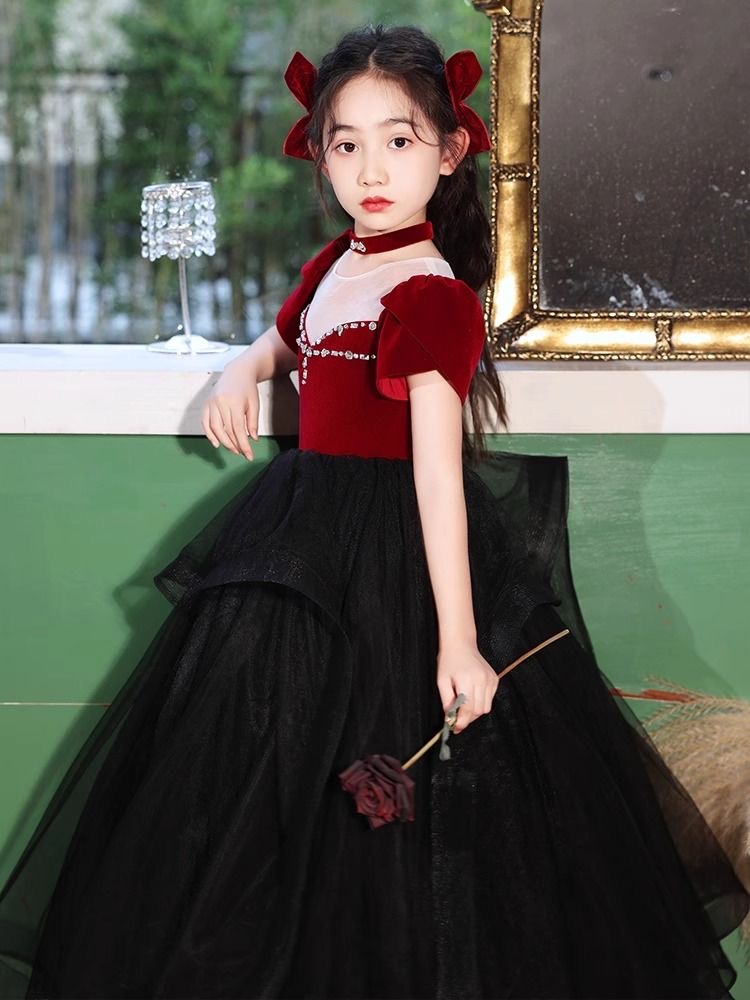 Years Red Black Flower Dresses For Wedding New Arabic Crystals Princess Cap Sleeves First Communion Kids Prom Dress Girls Pageant Gowns 403