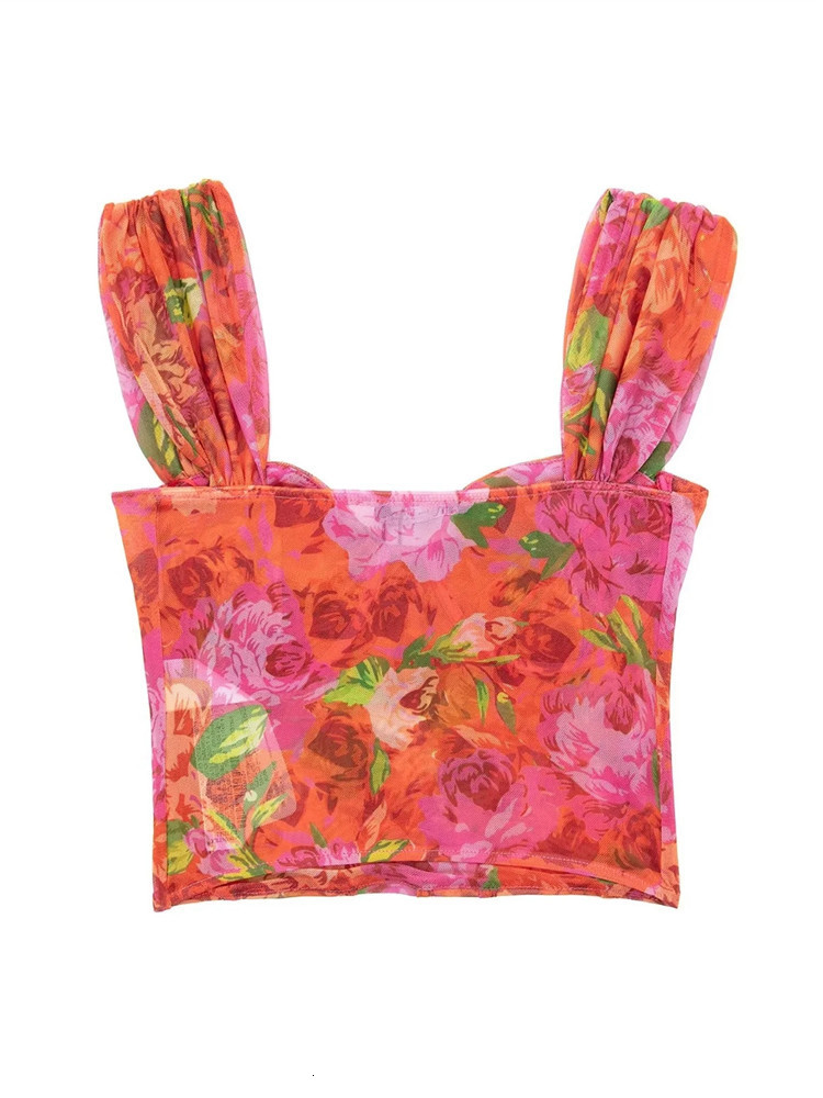 Women's Tanks Camis TRAF Floral Tulle Corset Top Mesh Crop Woman Off Shoulder Bustier Sexy s Y2k Backless Tank s For 230417
