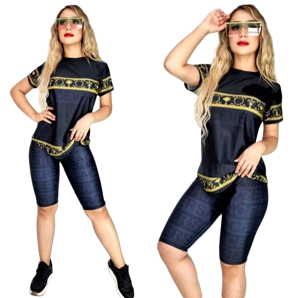 Luxury designer women tracksuits Summer fashion clothing Digital printed round neck short sleeves shirts tops and shorts casual ladies sport suit two piece sets, Black
Luxury designer women tracksuits Summer fashion clothing Digital printed round neck short sleeves shirts tops and shorts casual ladies sport suit two piece sets, Black