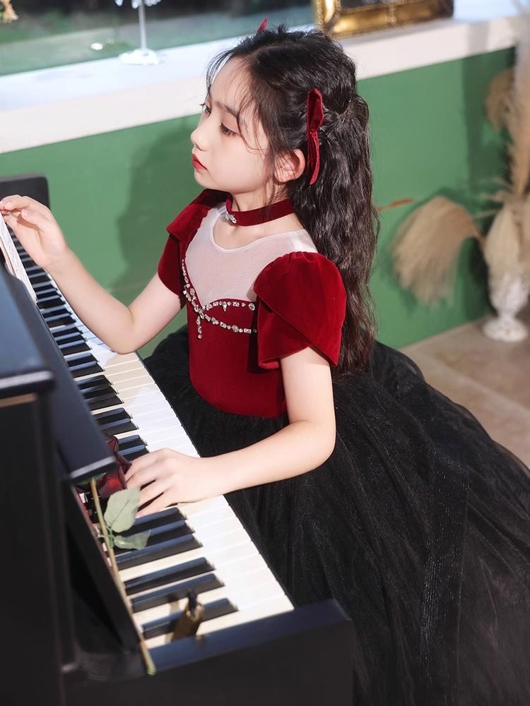 Years Red Black Flower Dresses For Wedding New Arabic Crystals Princess Cap Sleeves First Communion Kids Prom Dress Girls Pageant Gowns 403