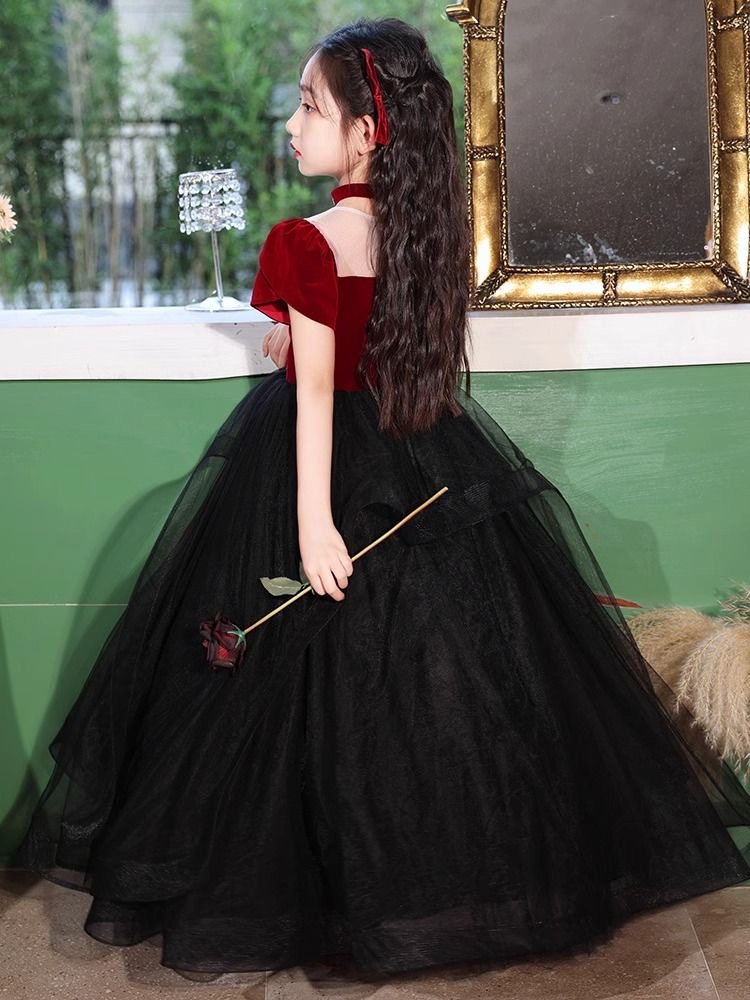 Years Red Black Flower Dresses For Wedding New Arabic Crystals Princess Cap Sleeves First Communion Kids Prom Dress Girls Pageant Gowns 403