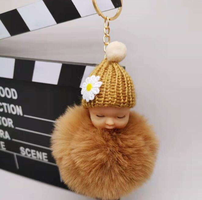 Cute Sleeping Baby Doll Keychain Pompom Helmet Rabbit Fur Ball Carabiner Key Chain Keyring Key Holder Bag Pendant key Ring Gift