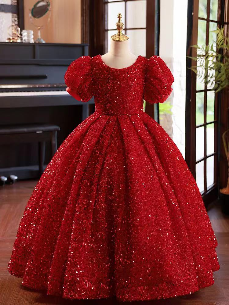 Red Flower Girl Dresses Jewel Neck Ball Gown Lace Appliques Beads Sequined Kids Girls Princess Pageant Dress For Wedding Birthday Party Christmas Gown