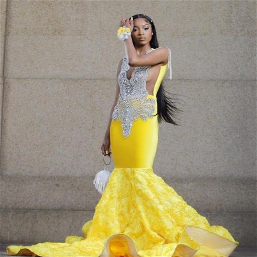 Gorgeous Crystal Yellow Prom Dress For Black Women Plus Size Mermaid 3D Floral Evening Gowns Elegant Birthday Formal Party Wear 2023 Robes De Bal Vest