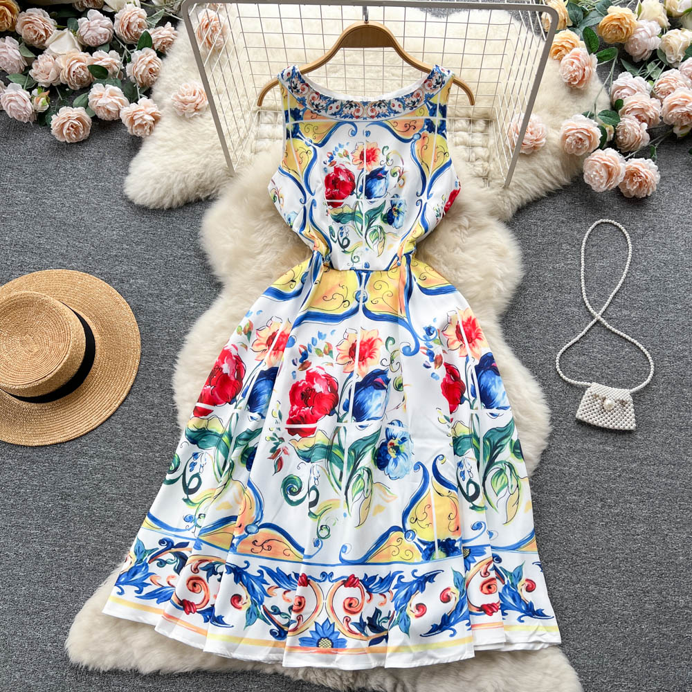 French Style Hanging Neck Sleeveless Tank Top Dress Summer High end Design Positioning Printing High end Small Dress