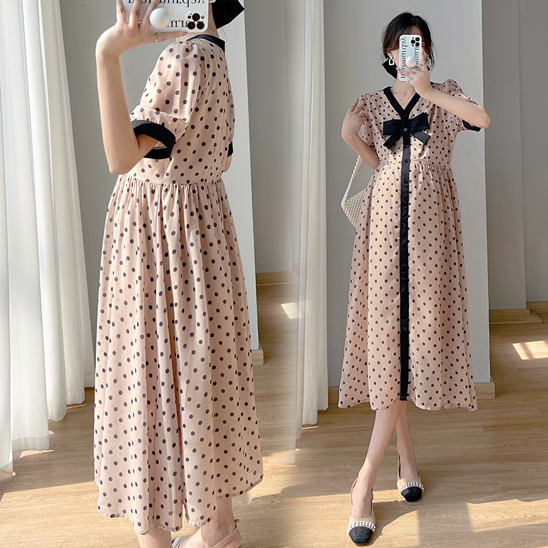 Maternity Dresses 8927# Summer Korean Fashion Dot Printed Maternity Long Dress Elegant Chic Ins A line Slim Clothes for Pregnant Women Pregnancy 23041