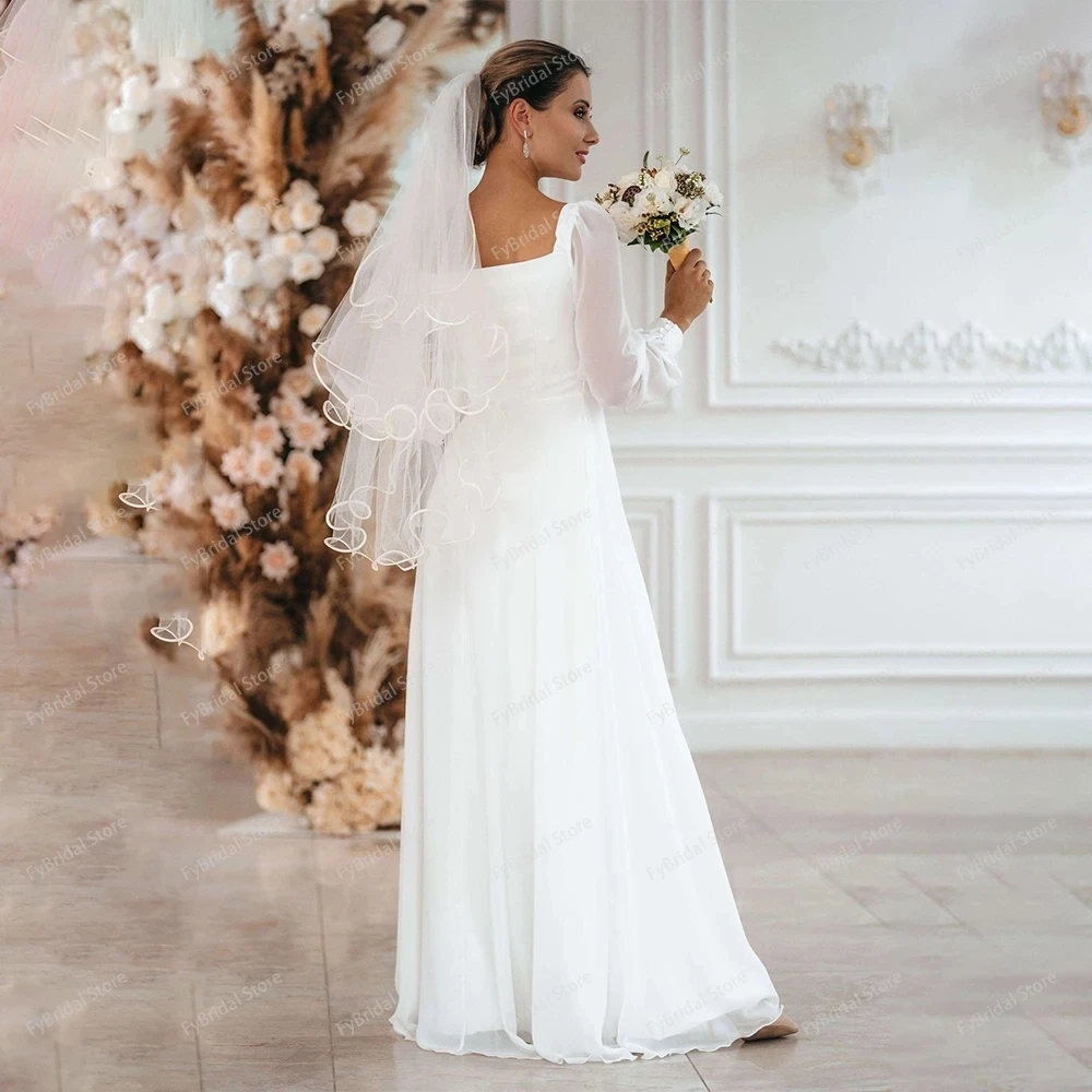 New Simple Wedding Dress 2024 A Line Square Collar Long Sleeve Floor Length Chiffon Beach Bridal Gowns Eleagnt Vestidos De Novia Civil