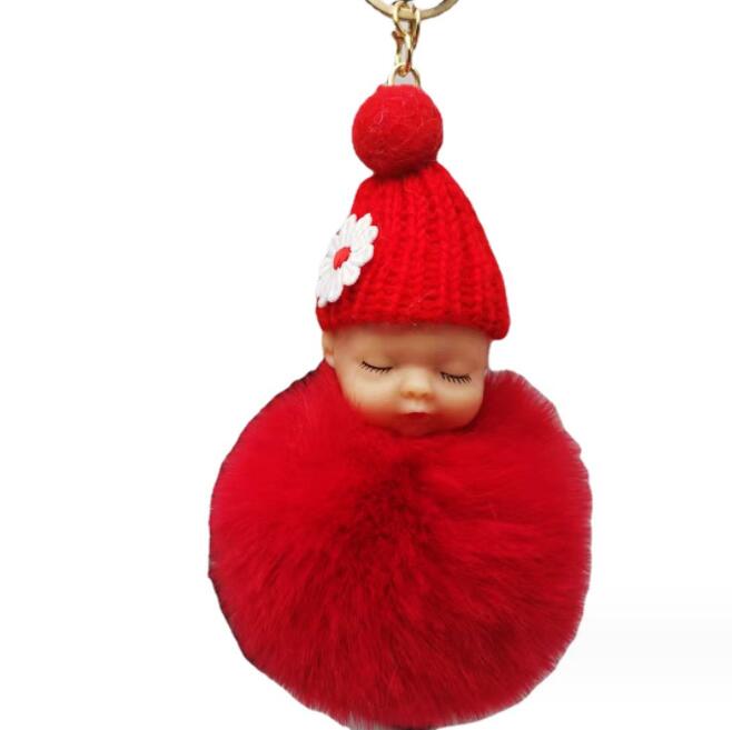 Cute Sleeping Baby Doll Keychain Pompom Helmet Rabbit Fur Ball Carabiner Key Chain Keyring Key Holder Bag Pendant key Ring Gift