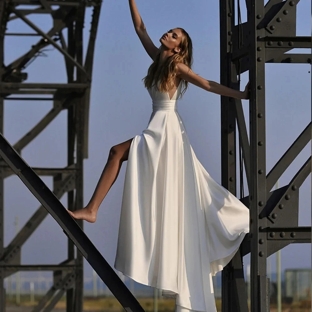2024 Simple A-Line Wedding Dress Satin Side Slit Floor Length Bride Gowns Custom Made To Measure For women Robe De Mariee