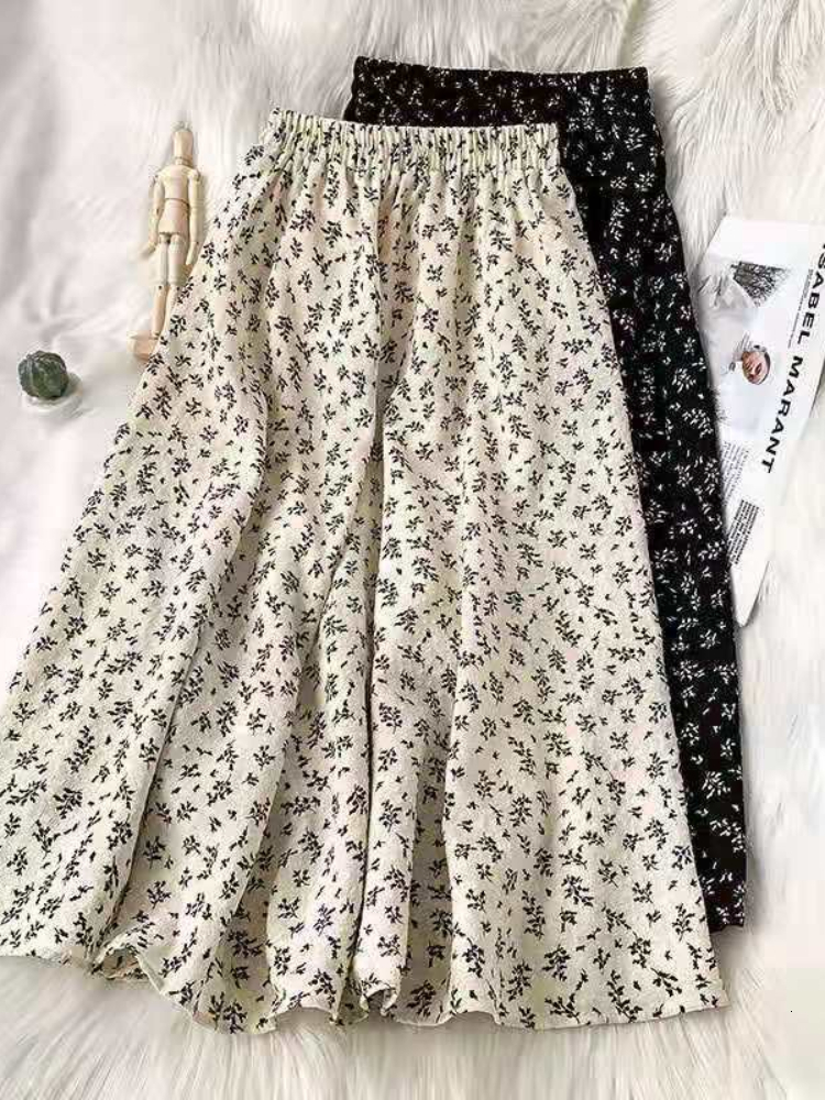 Skirts HOUZHOU Vintage Floral Skirt Women High Waist A-line Mid-Calf Casual Skirt Korean Fashion Loose Spring Summer Female Outfit 230417