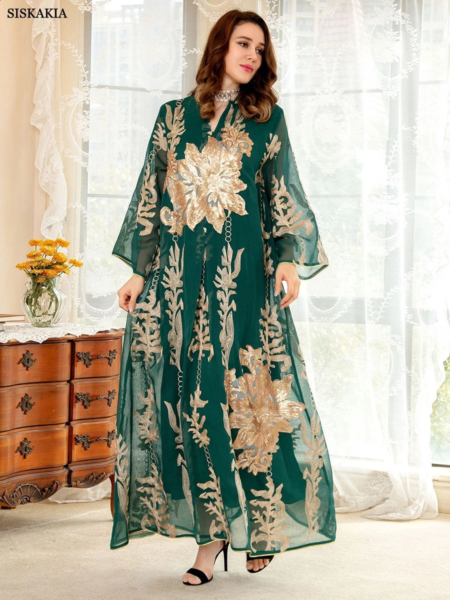 Basic Casual Dresses Siskakia Sequins Embroidered Abaya Dress For Women Moroccan Kaftan Turkey Arabic Jalabiya White Islamic Ethnic Robe Eid 231116
