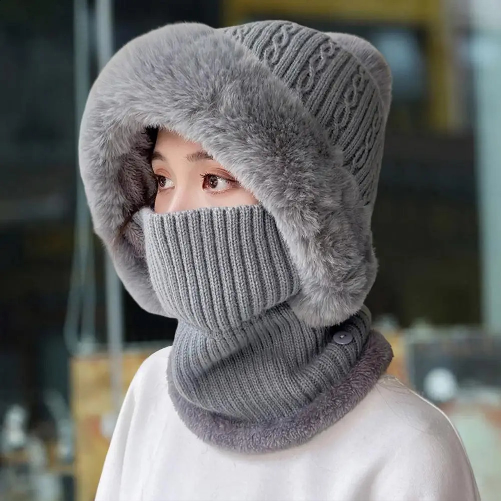 BeanieSkull Caps Knitted Hat Pompom Plush Ears Protection Solid Color Autumn Winter Women Face Cover Neck Gaiter Warmer Beanie Cap for Ski 231116