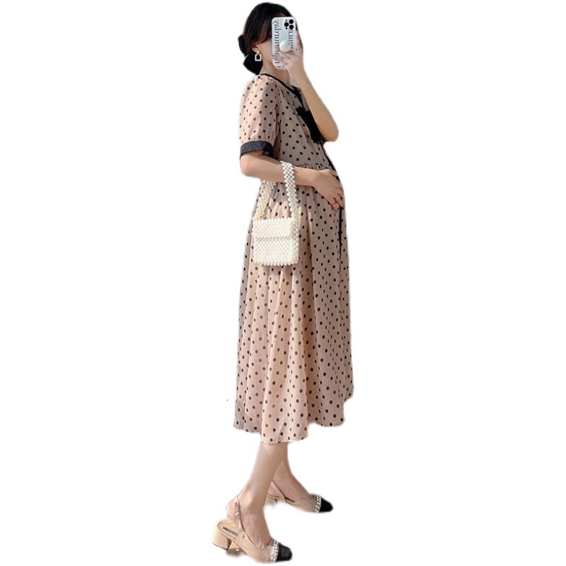 Maternity Dresses 8927# Summer Korean Fashion Dot Printed Maternity Long Dress Elegant Chic Ins A line Slim Clothes for Pregnant Women Pregnancy 23041