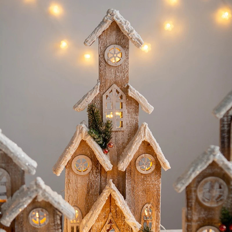 Decorations Wooden House LED Glowing Log Cabin Ornaments Miniature Snow Scene Village Houses Christmas gifts