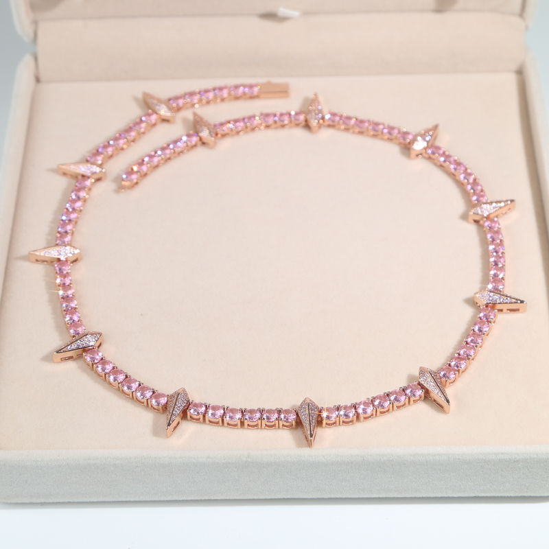 Drop Ship Hip Hop Spike Charm Necklace Paved Pink Cz Stone Plated Rose Gold for Women Men Punk Styles Iced Out Jewelry