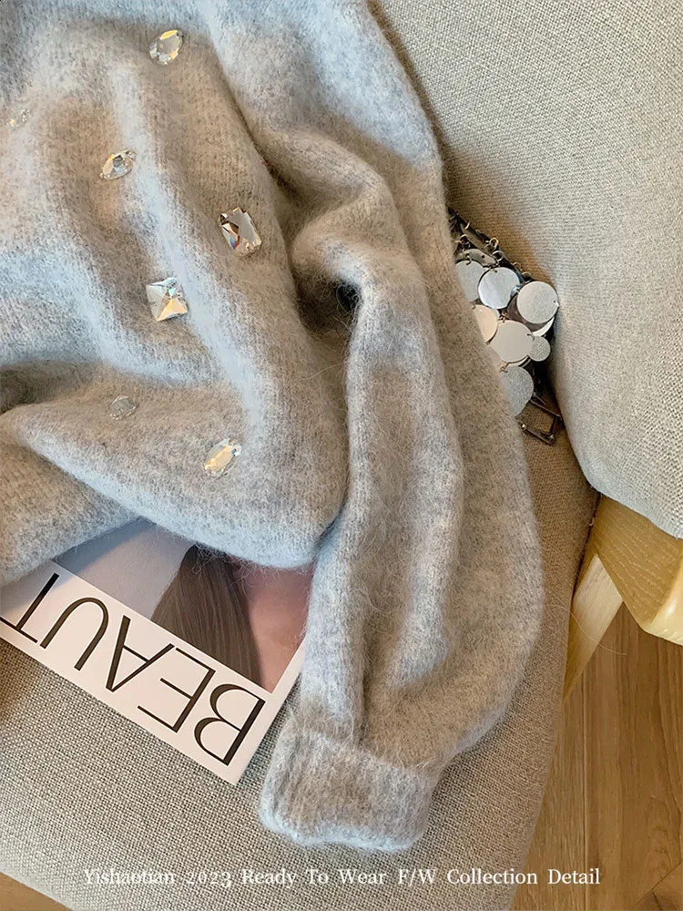 Women's Sweaters Casual Grey Mohair Autumn Winter Fashion ONeck Knitted Top Pullovers Crystal Diamonds Office Lady Oversized Streetwear 231116