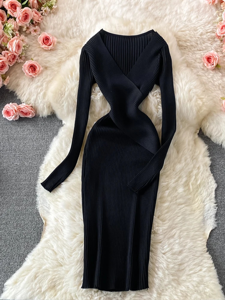 Basic Casual Dresses YuooMuoo Autumn Winter Women Dress Elegant Cross Vneck Slim Waist Knitted Bodycon Dress Korean Office Lady Vestidos 231116