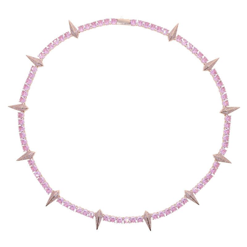 Drop Ship Hip Hop Spike Charm Necklace Paved Pink Cz Stone Plated Rose Gold for Women Men Punk Styles Iced Out Jewelry