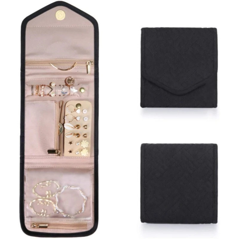 Jewelry Boxes Travel Organizer Roll Velvet Foldable Case for Journey Rings Necklaces Jewerly Storage Bag 231117