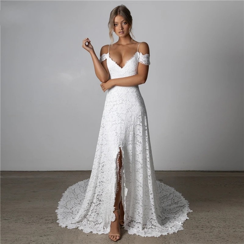 Boho Wedding Dress, Off-Shoulder Slit Bridal Gown For Summer