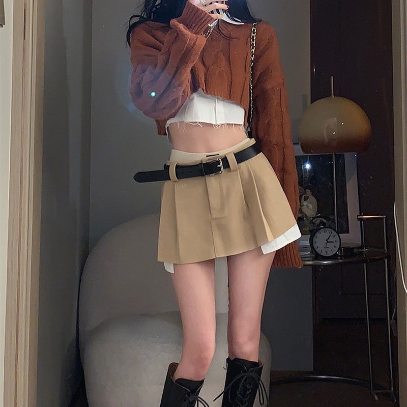 Skirts HOUZHOU Vintage Irregular Micro Mini Women Y2K Fashion Crop Patchwork High Waist Sexy Pleated Belt Cargo Streetwear 230417