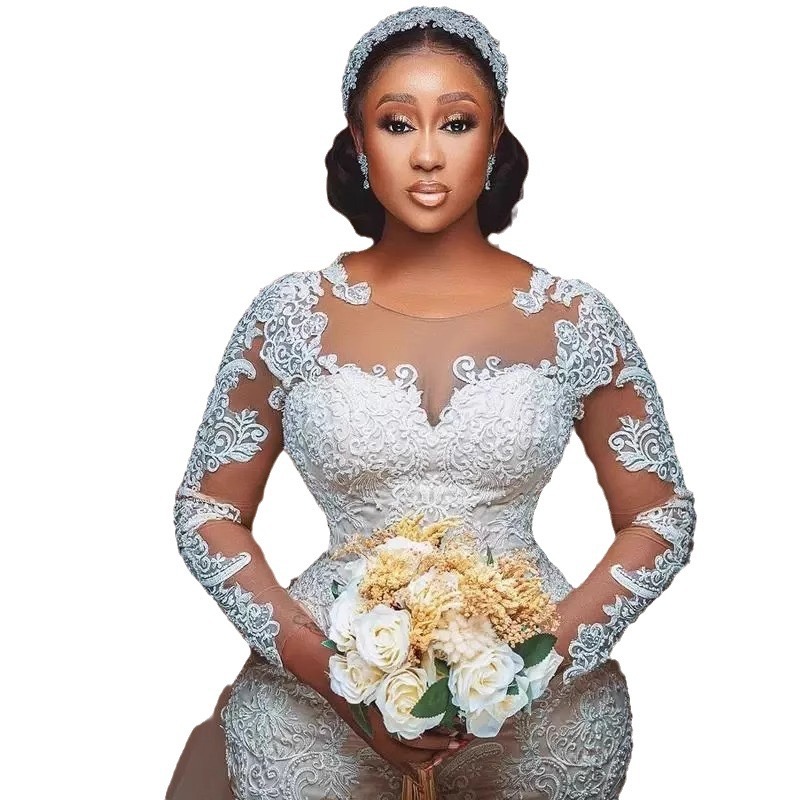 2023 Arabic White Mermaid Wedding Dresses long Train gillter Beaded Crystals illusion long sleeve Bridal Gowns turkish wed dress new lace plus size Ve
