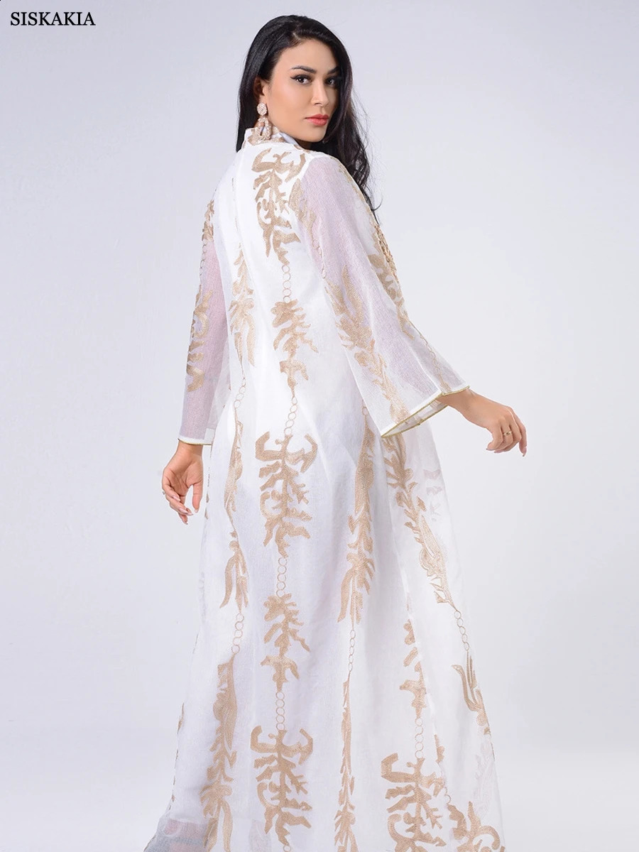 Basic Casual Dresses Siskakia Sequins Embroidered Abaya Dress For Women Moroccan Kaftan Turkey Arabic Jalabiya White Islamic Ethnic Robe Eid 231116