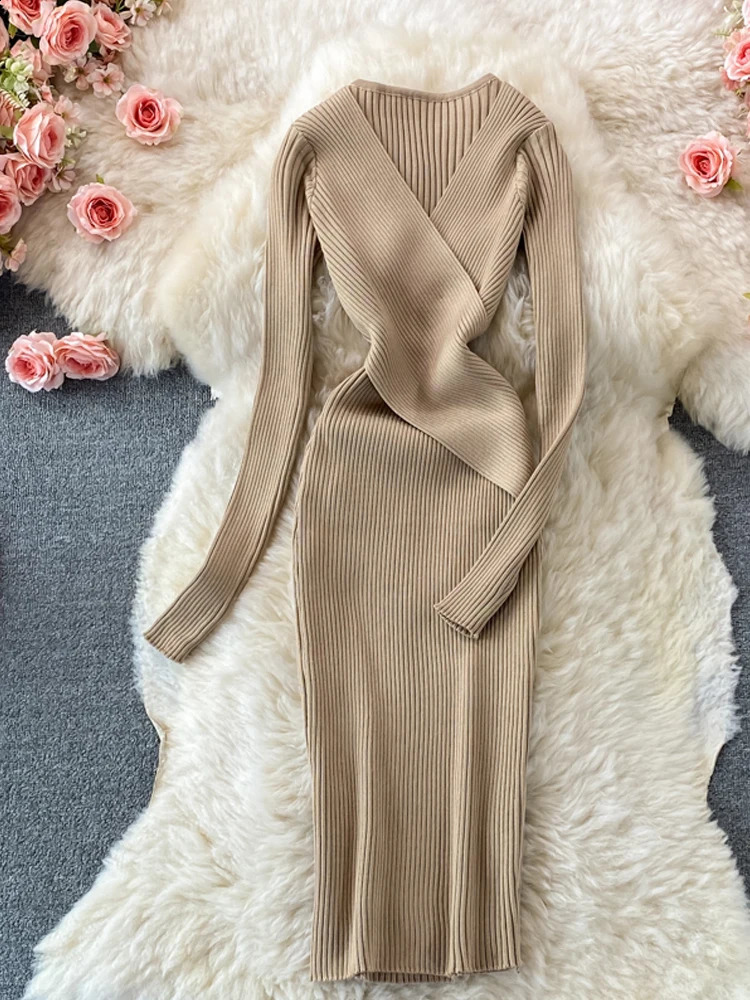 Basic Casual Dresses YuooMuoo Autumn Winter Women Dress Elegant Cross Vneck Slim Waist Knitted Bodycon Dress Korean Office Lady Vestidos 231116