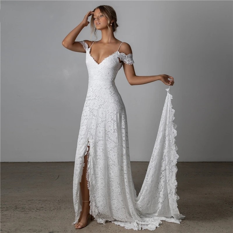 Boho Wedding Dress, Off-Shoulder Slit Bridal Gown For Summer