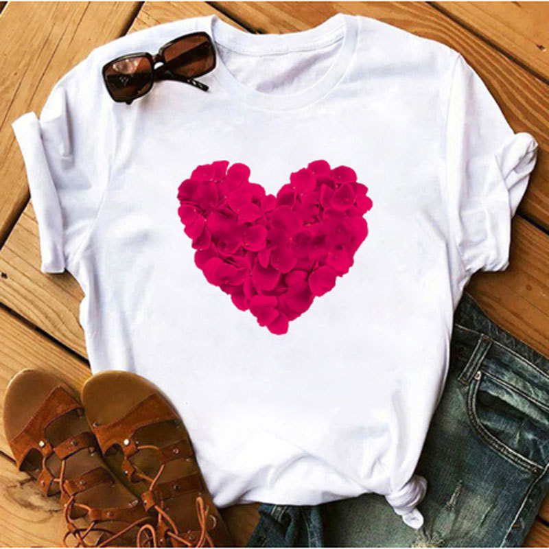 Women tshirt Heart Flower Print Womens T-Shirt Ladies Casual Basis O-Collar White Shirt Short Sleeve Ladies T-Shirt Love Graphic Printing