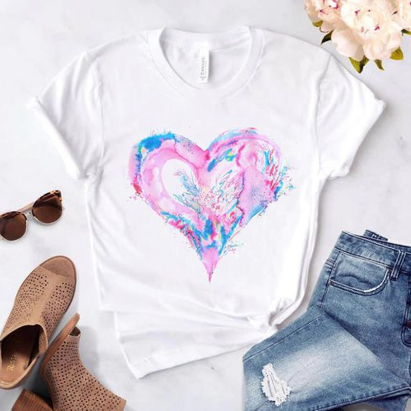 Women tshirt Heart Flower Print Womens T-Shirt Ladies Casual Basis O-Collar White Shirt Short Sleeve Ladies T-Shirt Love Graphic Printing