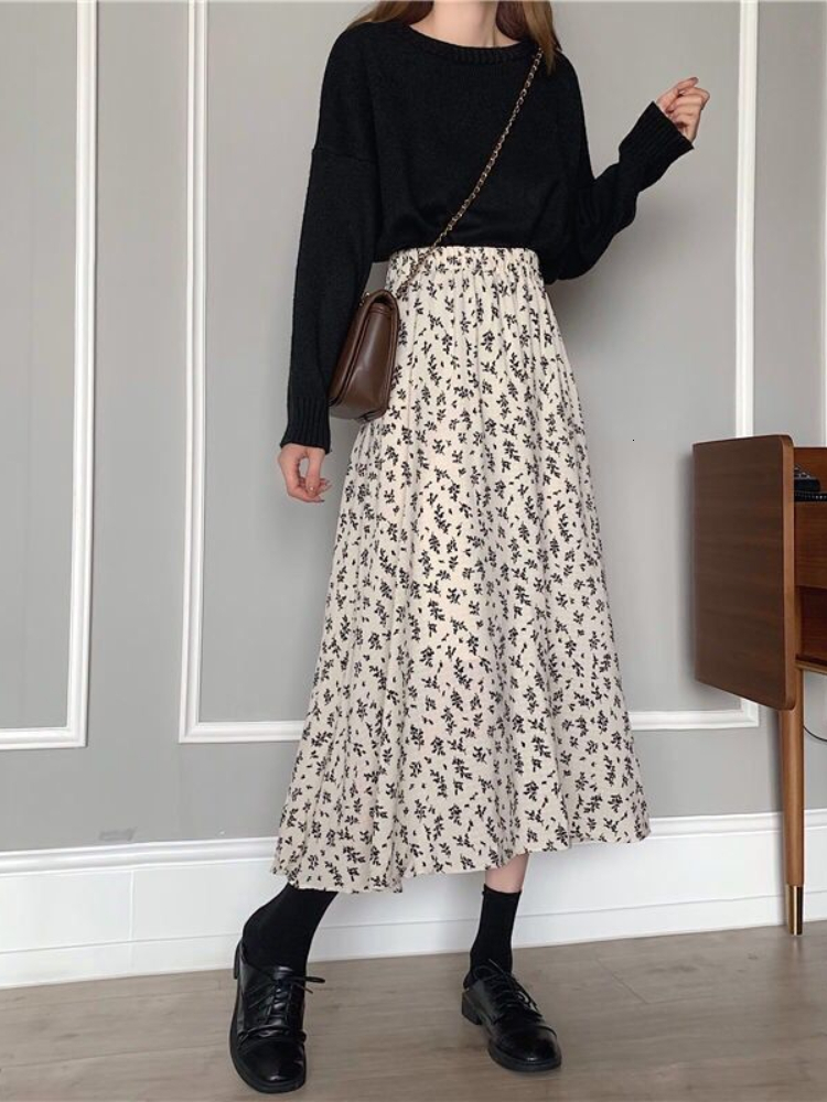 Skirts HOUZHOU Vintage Floral Skirt Women High Waist A-line Mid-Calf Casual Skirt Korean Fashion Loose Spring Summer Female Outfit 230417