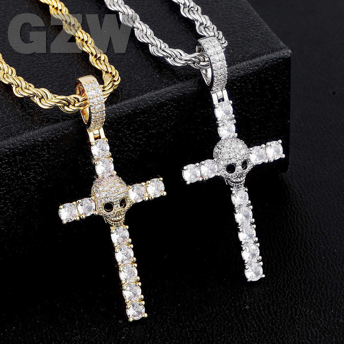 Hip Hop Style New Full Diamond Skeleton Cross Pendant Necklace for Guys Mens and Womens Punk Trend Iced Out CZ Stone Cubic Zirconia Hip Hop Jewelry Bi