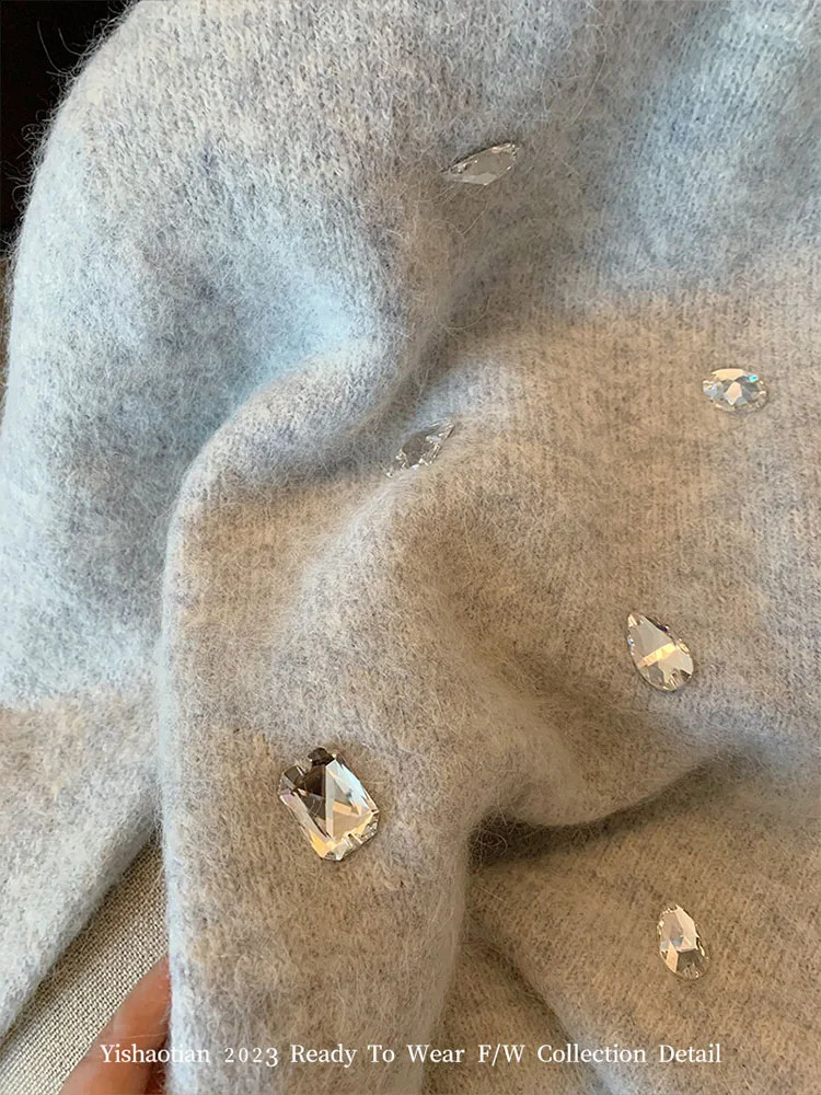 Women's Sweaters Casual Grey Mohair Autumn Winter Fashion ONeck Knitted Top Pullovers Crystal Diamonds Office Lady Oversized Streetwear 231116