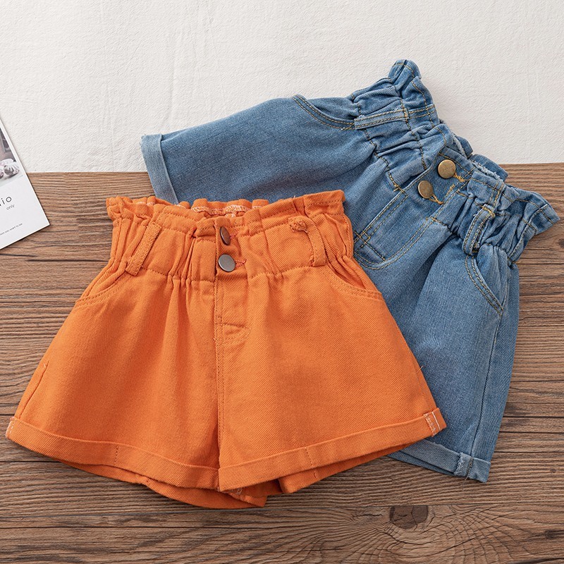 Shorts Summer Denim Shorts for Girls High Waist Elastic Toddler Girls Teenage Children's Jeans Hem Fashion Blue White Kids Pant 230417