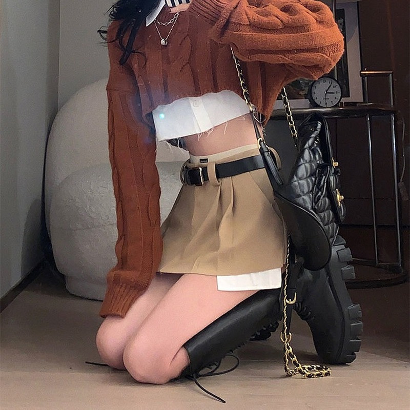 Skirts HOUZHOU Vintage Irregular Micro Mini Women Y2K Fashion Crop Patchwork High Waist Sexy Pleated Belt Cargo Streetwear 230417