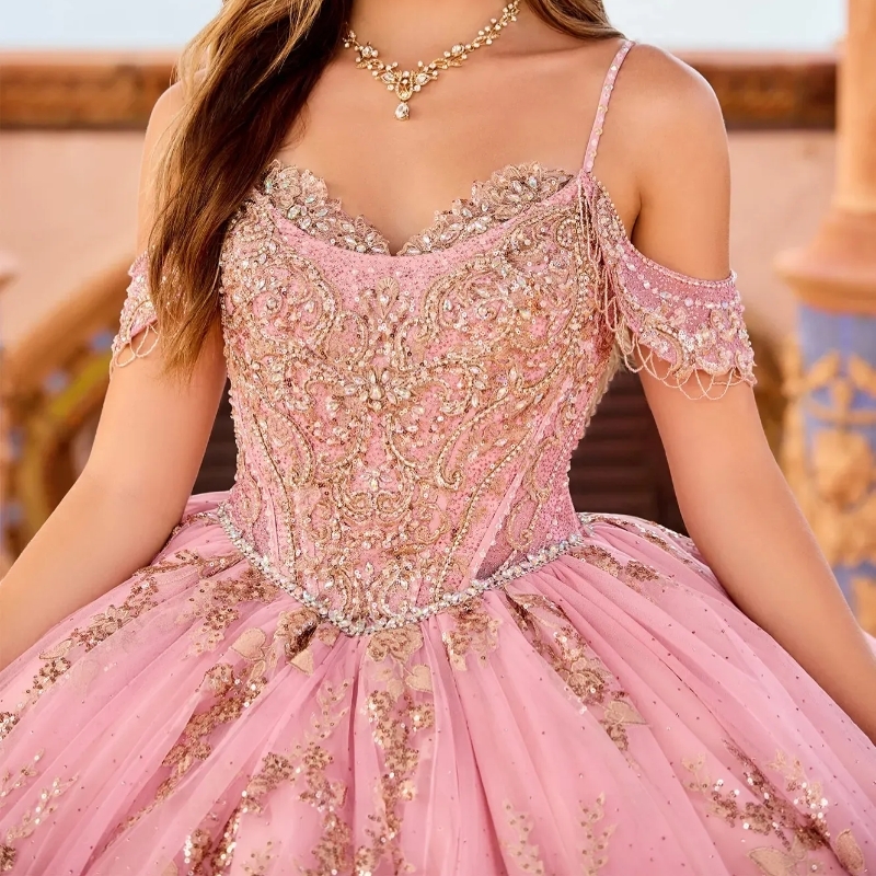 Pink Shiny Quinceanera Dress Princess Prom Gown Tulle Gold Appliques Lace Beads Sweet 15 16 Dress Vestidos De 15 Anos