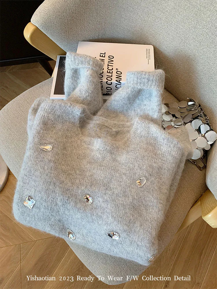 Women's Sweaters Casual Grey Mohair Autumn Winter Fashion ONeck Knitted Top Pullovers Crystal Diamonds Office Lady Oversized Streetwear 231116