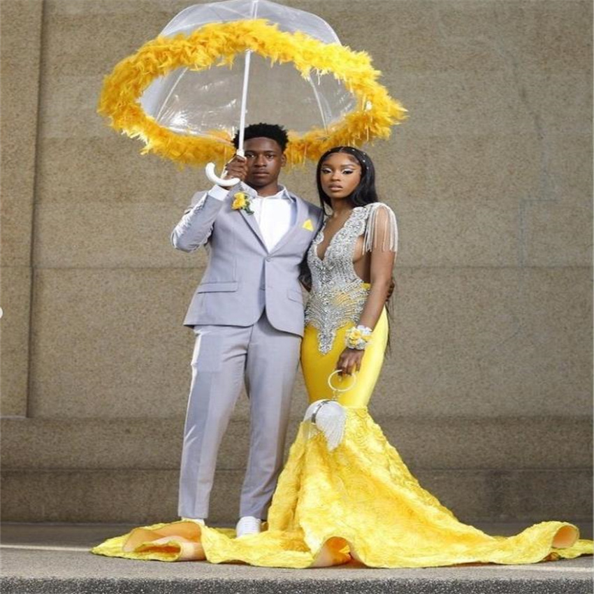 Gorgeous Crystal Yellow Prom Dress For Black Women Plus Size Mermaid 3D Floral Evening Gowns Elegant Birthday Formal Party Wear 2023 Robes De Bal Vest