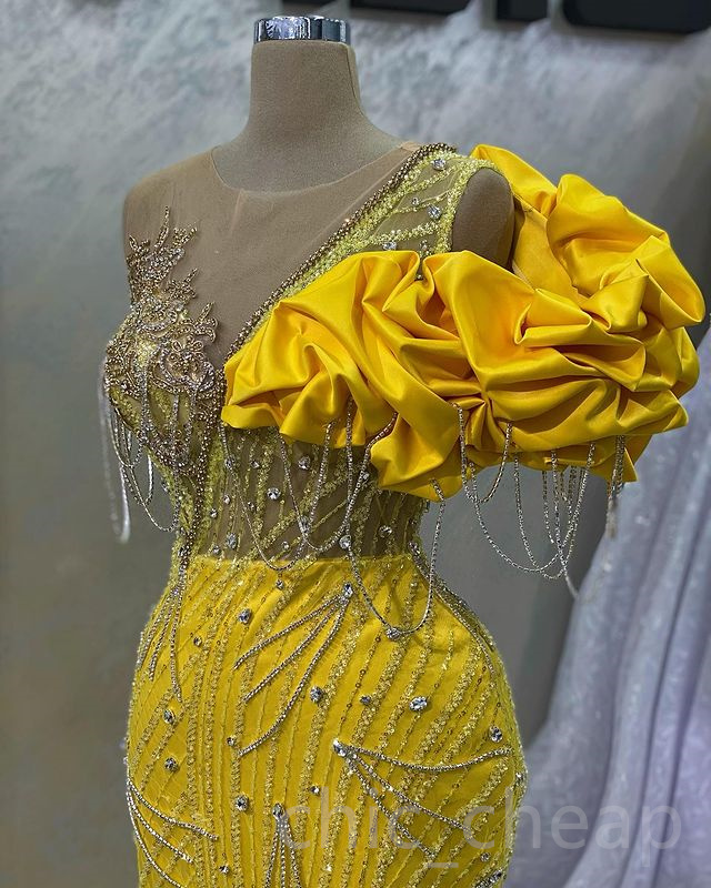Aso April Ebi Yellow Mermaid Prom Crystals Beaded Sexy Evening Formal Party Second Reception Birthday Engagement Gowns Drs Robe De Soiree ZJ Lz0304