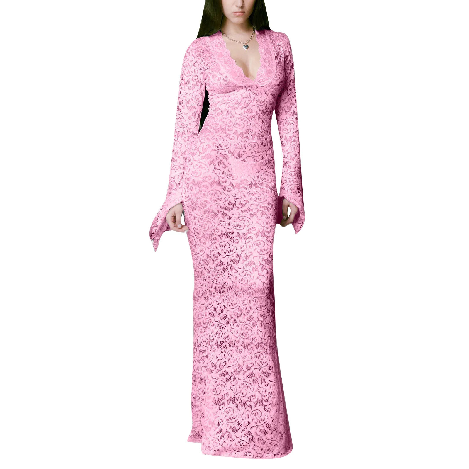 Basic Casual Dresses Women Long Fitted Dress Long Sleeve V Neck Seethough Evening Dress Lace Floral Party Dress 231116