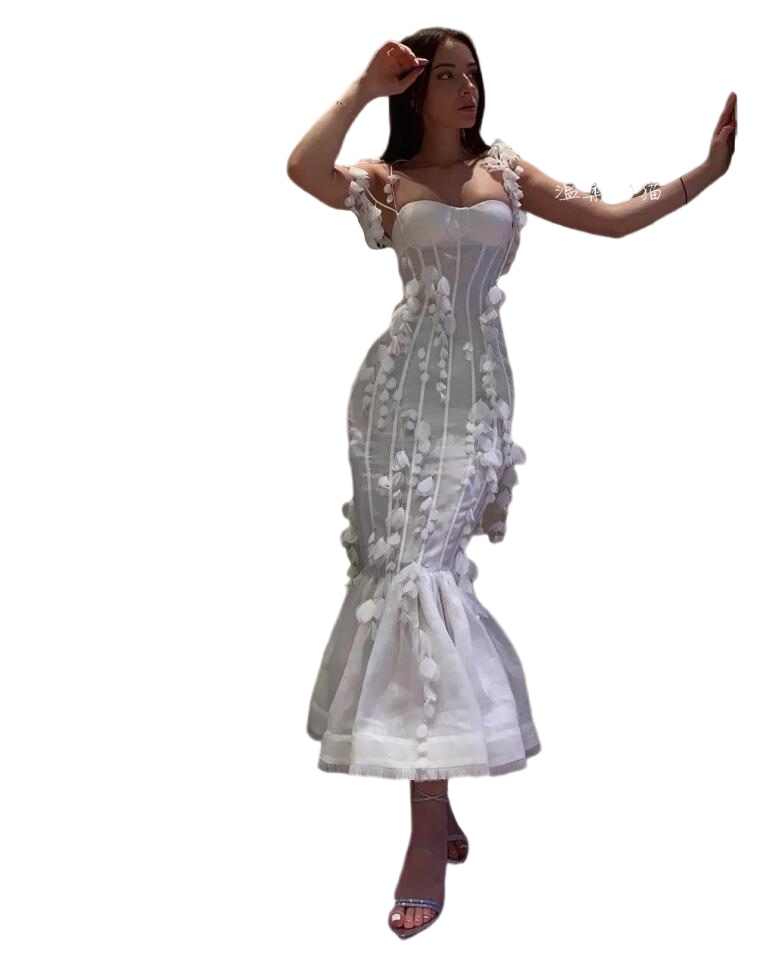 Modern White 3D floral mermaid prom Dresses 2023 Spaghetti Lace Appliques Beaded Plus Size arabic evening Gowns Vestidos De Novia