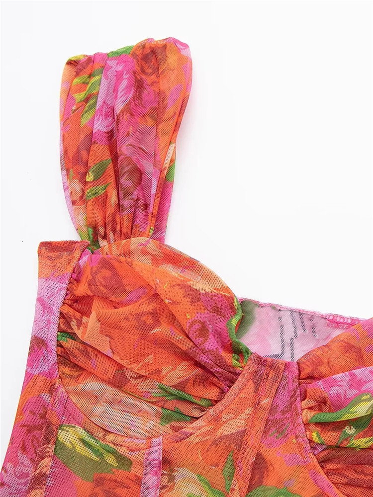 Women's Tanks Camis TRAF Floral Tulle Corset Top Mesh Crop Woman Off Shoulder Bustier Sexy s Y2k Backless Tank s For 230417