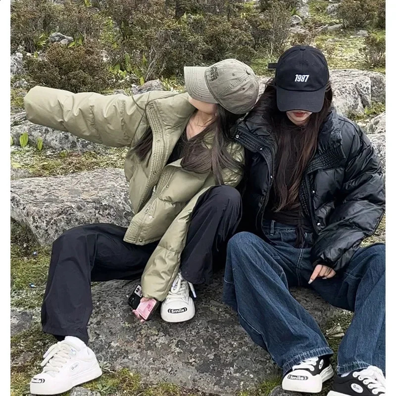 Women's Down Parkas Short American Style PU Leather Padded Jacket Winter Thickened Loose Small Bread Parka 231116