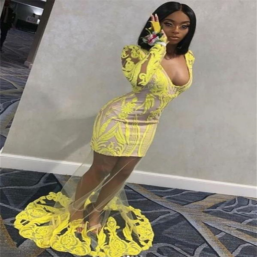 Sexy Yellow Black Girls Prom Dress 2023 Elegant Mermaid Evening Gowns V Neck Floor Length Long Sleeve Birthday Party Graduation Formal Occasion Vestid