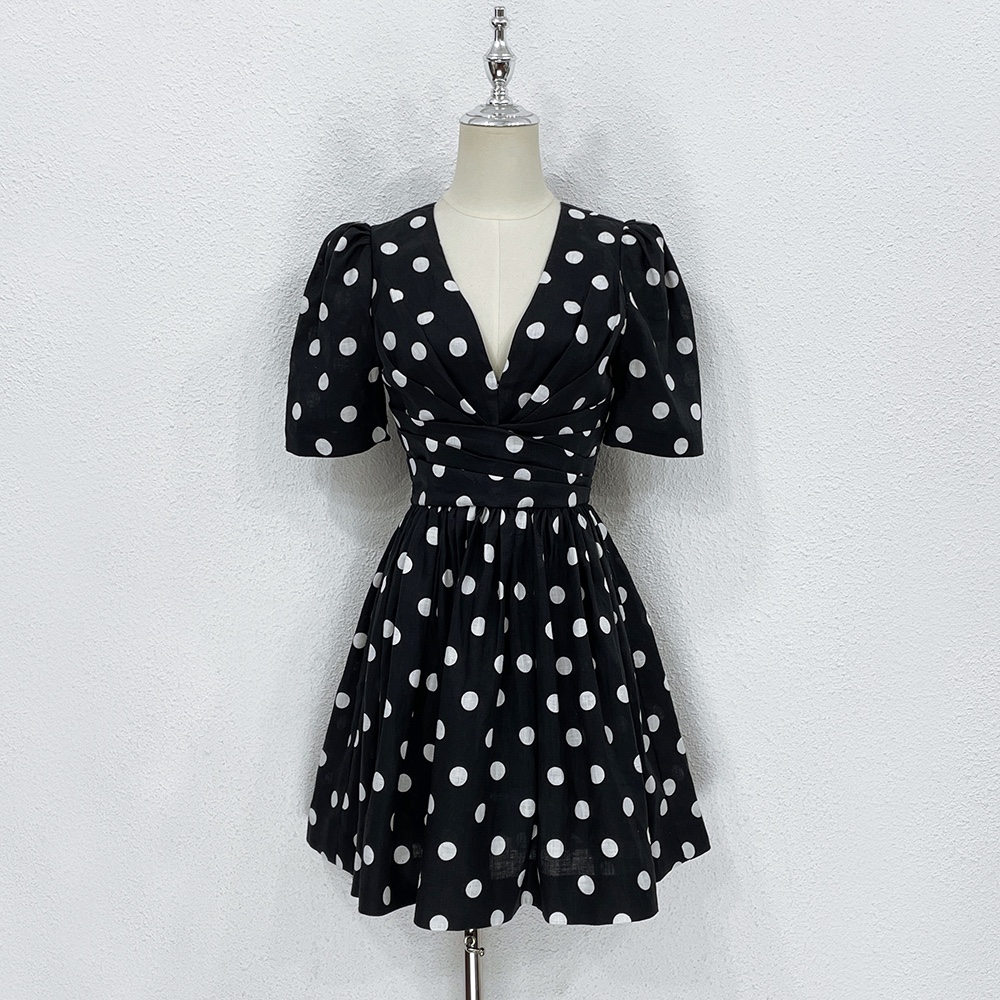 Basic & Casual Dresses Australian designer 2024 new linen print polka dot dress