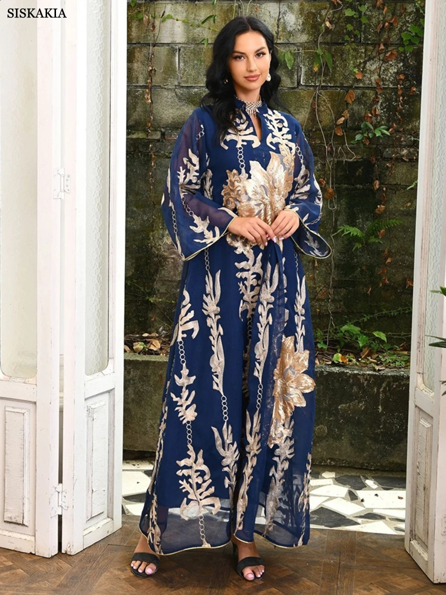 Basic Casual Dresses Siskakia Sequins Embroidered Abaya Dress For Women Moroccan Kaftan Turkey Arabic Jalabiya White Islamic Ethnic Robe Eid 231116