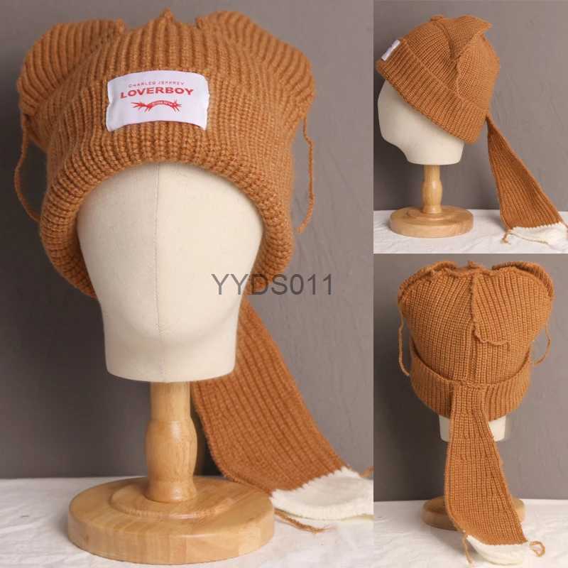 Beanie/Skull Caps Cute Long Ears fox Knitted Hat Men Women Rabbit Ear Warm Crochet Beanies Kpop Stray Kids Hip Hop Hat Woman Winter Skullies Cap YQ231