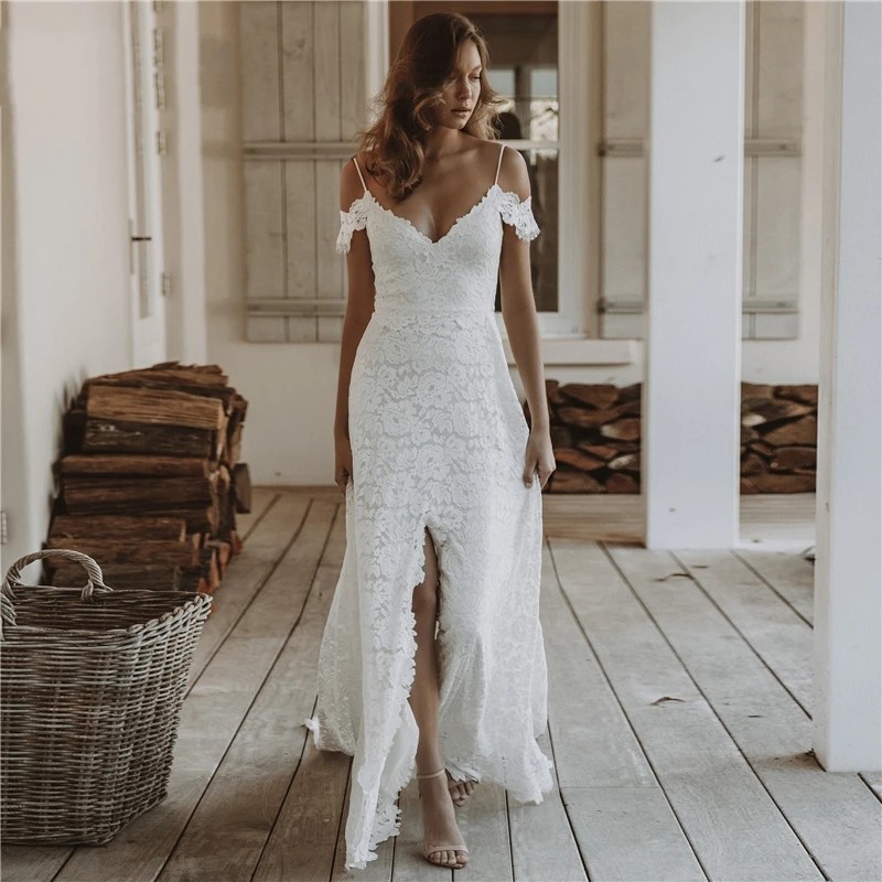 Boho Wedding Dress, Off-Shoulder Slit Bridal Gown For Summer